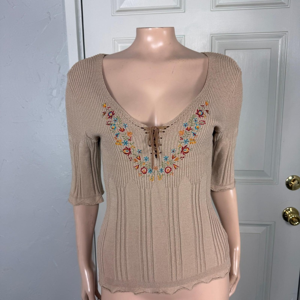 Vintage Y2K WOW Couture  Shirt Large Knit Leather lace Western Embroidered HH20